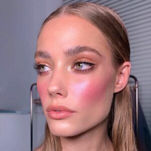 Bright pink blush and monochrome makeup. valentine-ready makeup