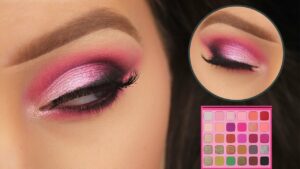 pink eye makeup with pink shade eyeshadow palatte.